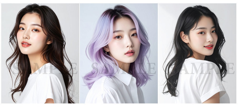 AI美容カットモデル写真(【韓国人女性:セミロング系(鎖骨-胸上)_ゆるふわミディ】)3枚セット(お試し/Adobe Firefly生成)