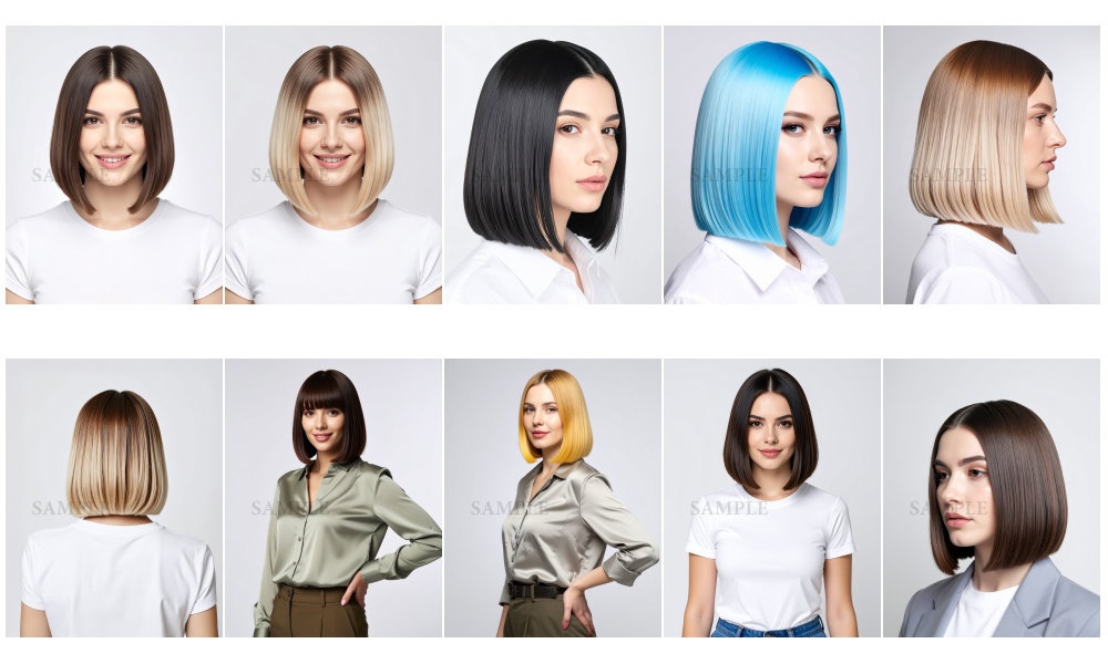AI美容カットモデル写真(【西洋白人女性:ボブ系_切りっぱなしロブ】)10枚セット(厳選版/Adobe Firefly生成)