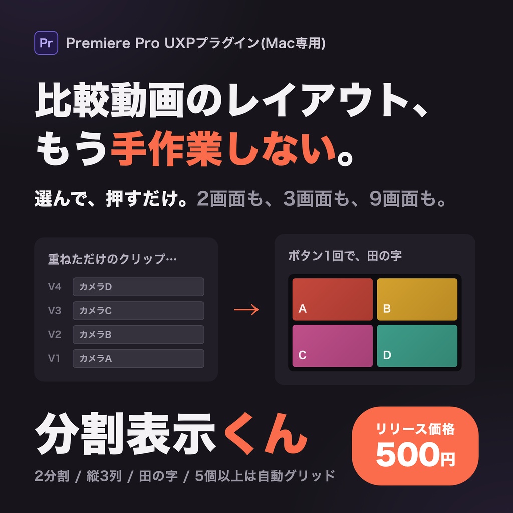 分割表示くん — 選んで押すだけ、比較レイアウト【Premiere Pro / Mac】