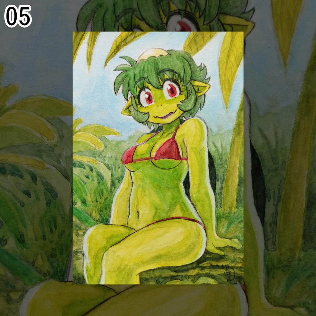 河童ちゃんハガキサイズ原画「河童ちゃん in MidSummer」