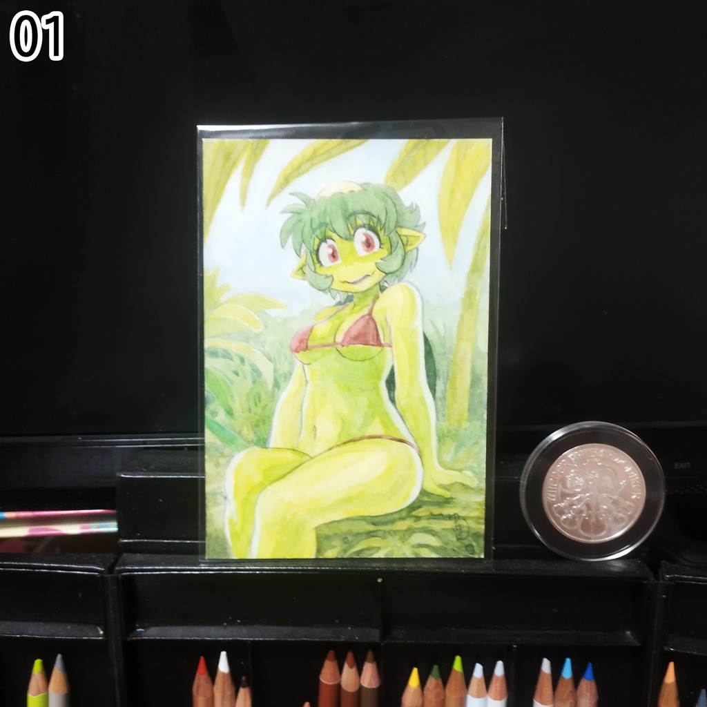 河童ちゃんハガキサイズ原画「河童ちゃん in MidSummer」