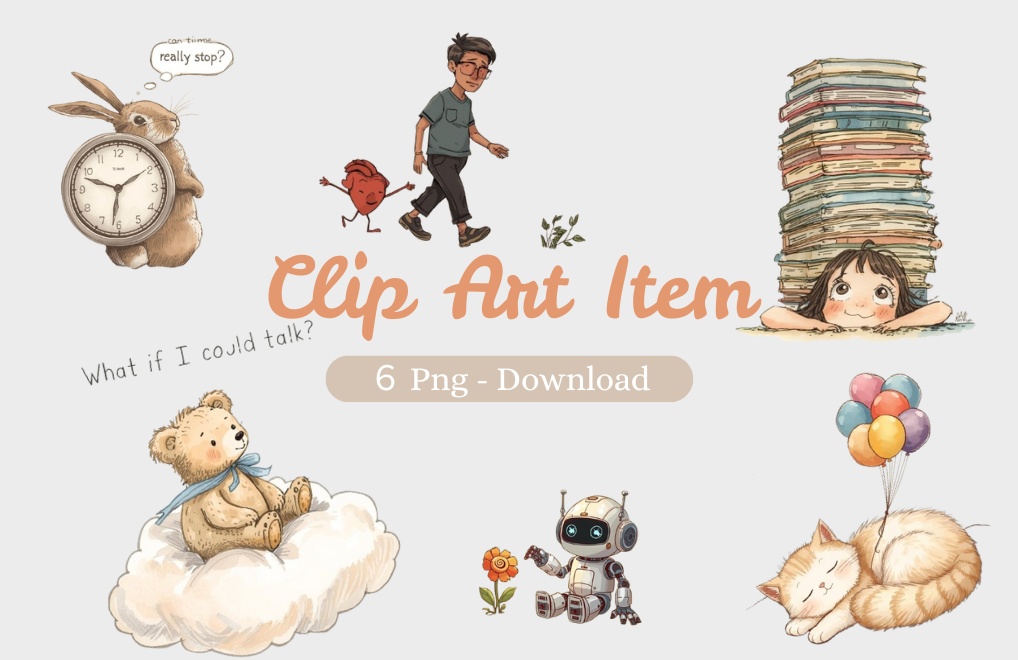 絵本アンティーク風クリップアート６点セット PNG（背景透過）