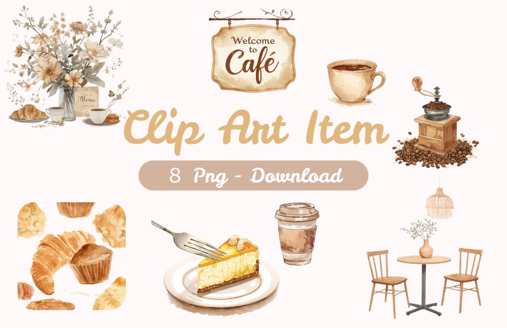 大人可愛いカフェシリーズ｜水彩風クリップアート８点セット PNG（背景透過）