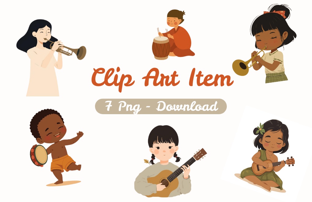 奈良美智風アースカラーの楽器シリーズ クリップアート６点セット PNG（背景透過）