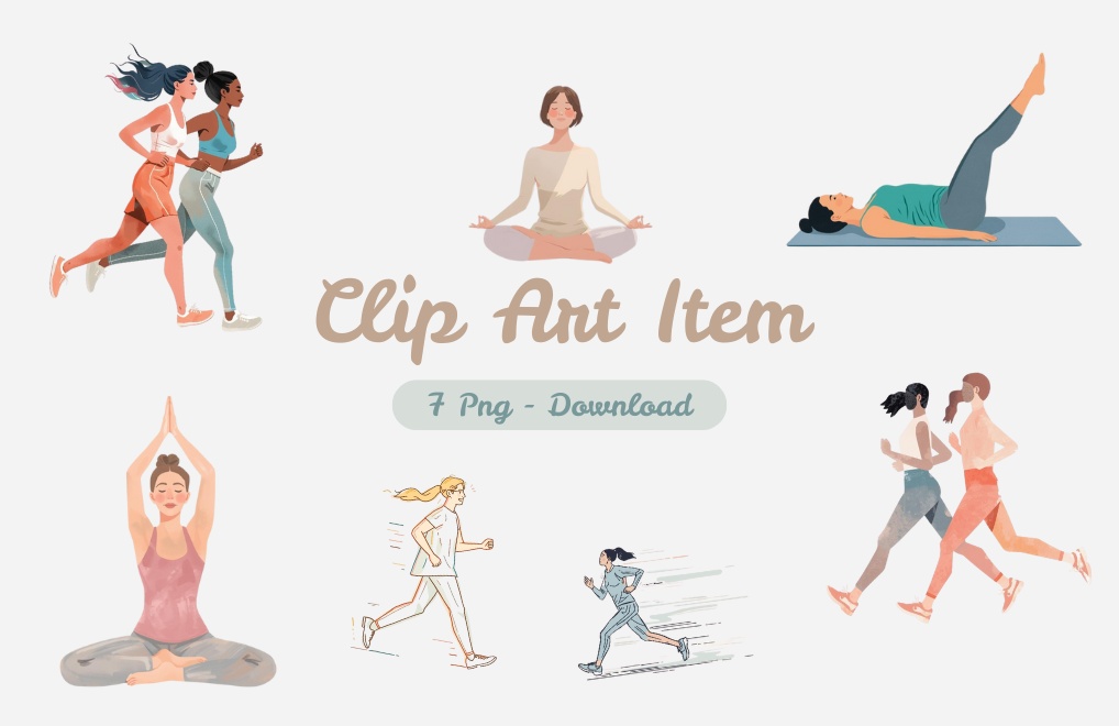 アクリル画風・淡色エクササイズクリップアート7点セット PNG(背面透過)