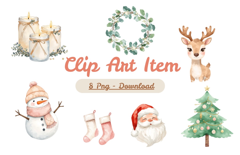 クリスマスパステルカラークリップアート７点セット  PNG（背景透過）