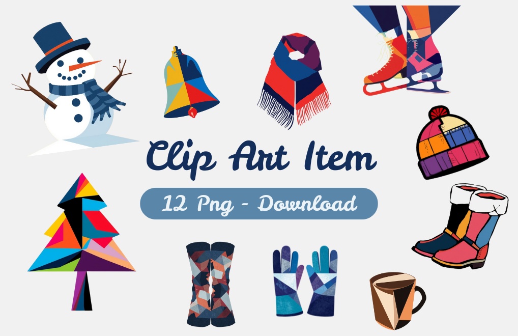 冬を彩る キュビスム風アシンメトリークリップアート10点セット PNG(背面透過)