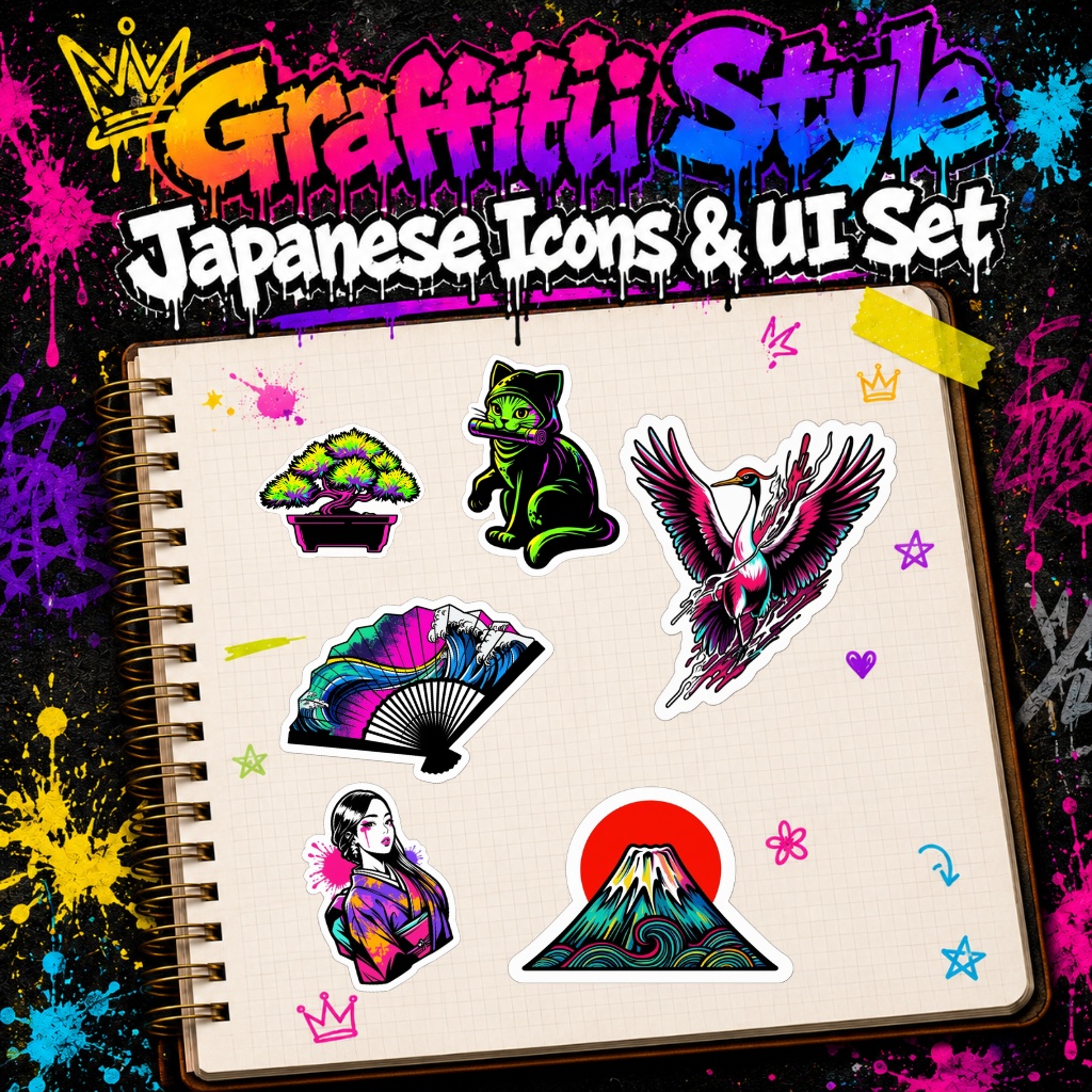グラフィティ風 日本のアイコン and UI デジタルステッカーセット