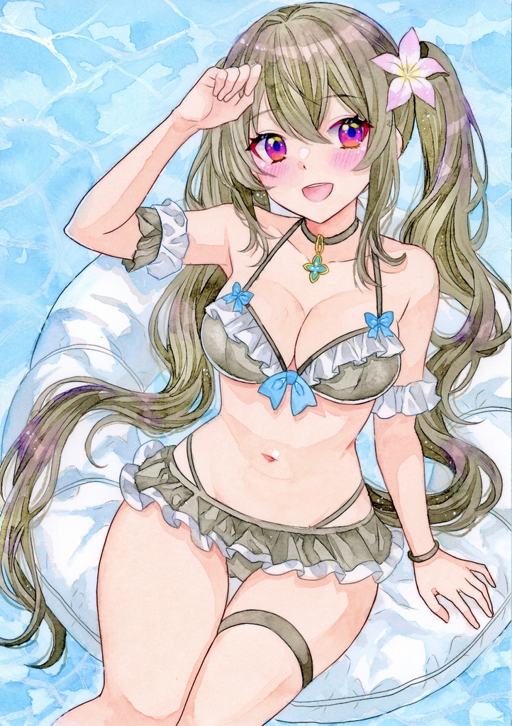 透明水彩イラスト 黒髪ツインテ 女の子 複製ミニ色紙(サイン入り)