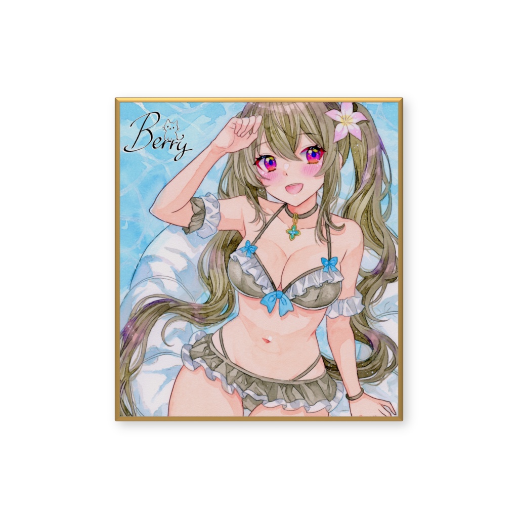 透明水彩イラスト 黒髪ツインテ 女の子 複製ミニ色紙(サイン入り)