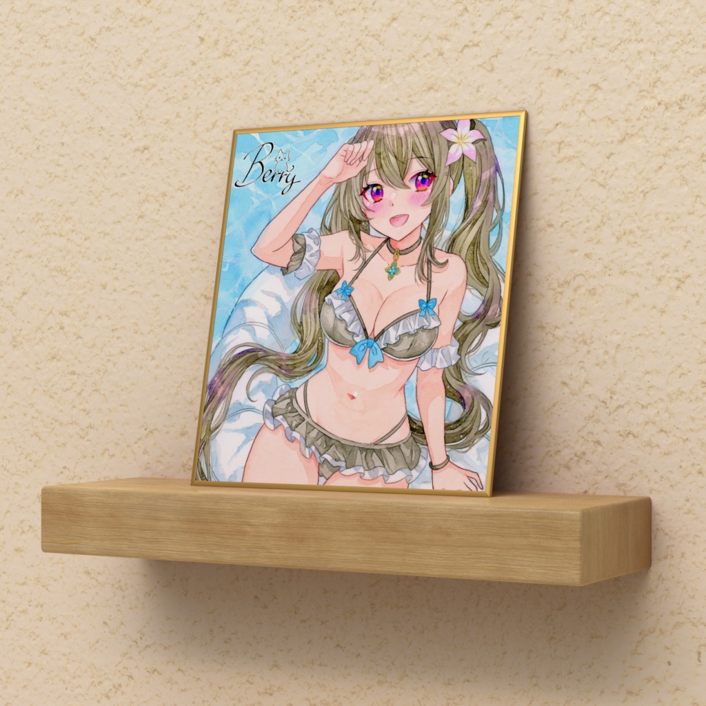 透明水彩イラスト 黒髪ツインテ 女の子 複製ミニ色紙(サイン入り)