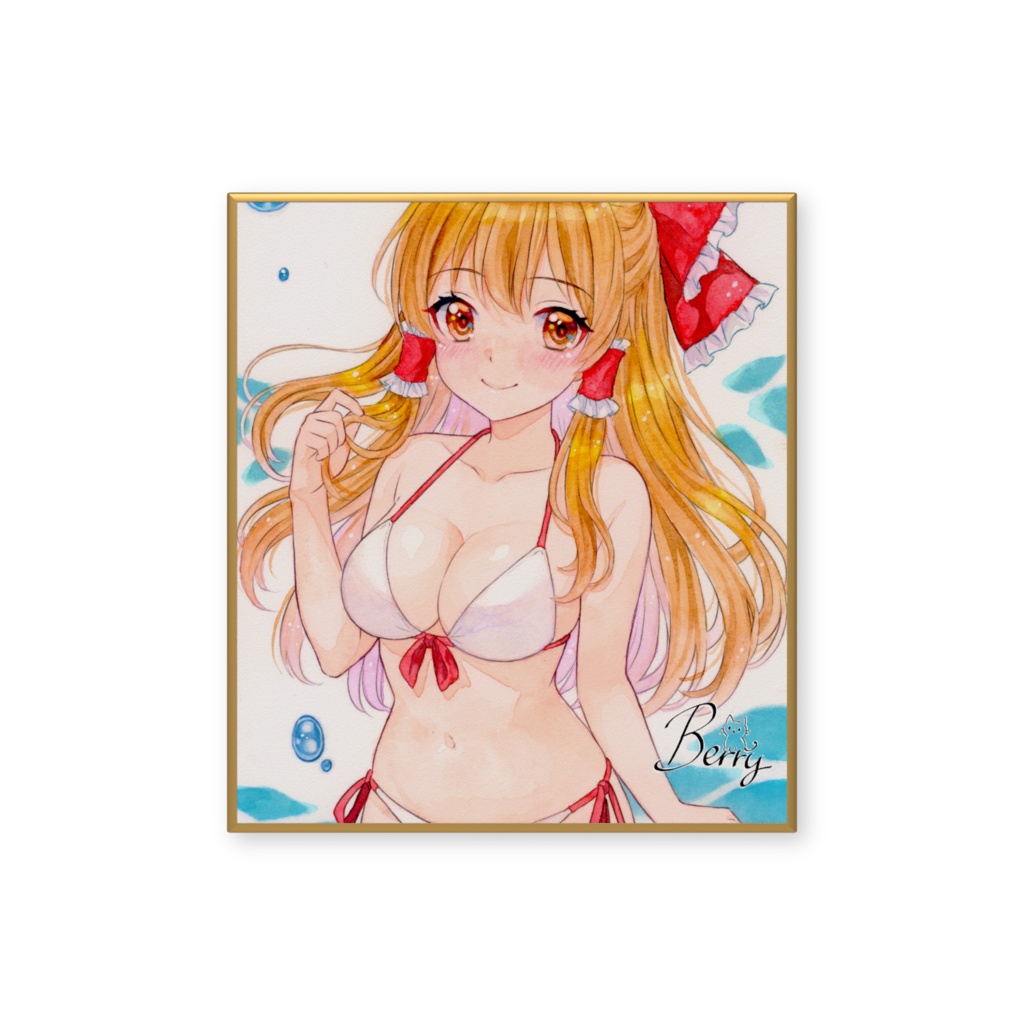 透明水彩イラスト 東方 博麗霊夢(ビキニ)  複製ミニ色紙(サイン入り)