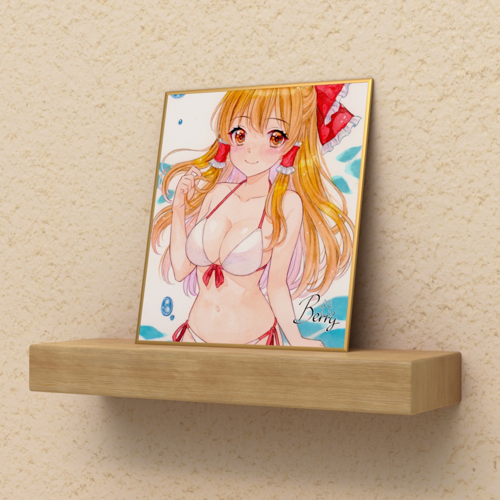 透明水彩イラスト 東方 博麗霊夢(ビキニ) 複製ミニ色紙(サイン入り)