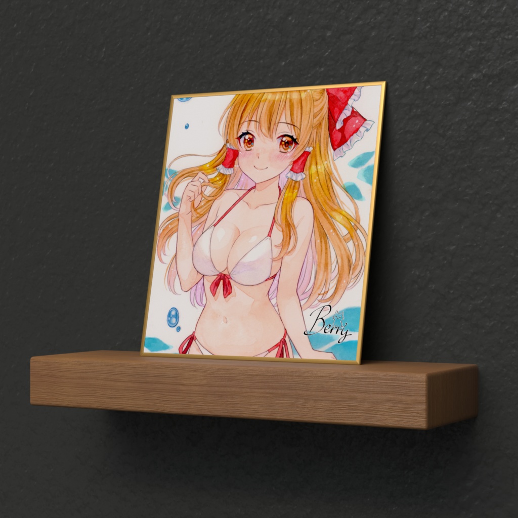 透明水彩イラスト 東方 博麗霊夢(ビキニ) 複製ミニ色紙(サイン入り)