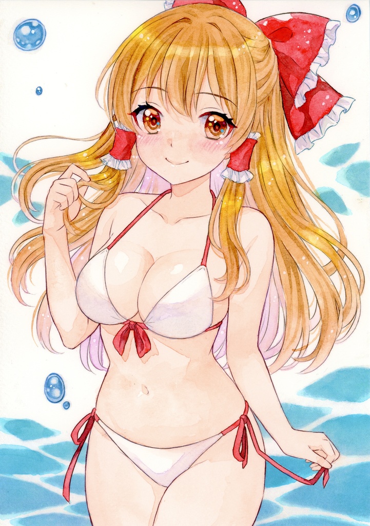 透明水彩イラスト 東方 博麗霊夢(ビキニ) 複製ミニ色紙(サイン入り)