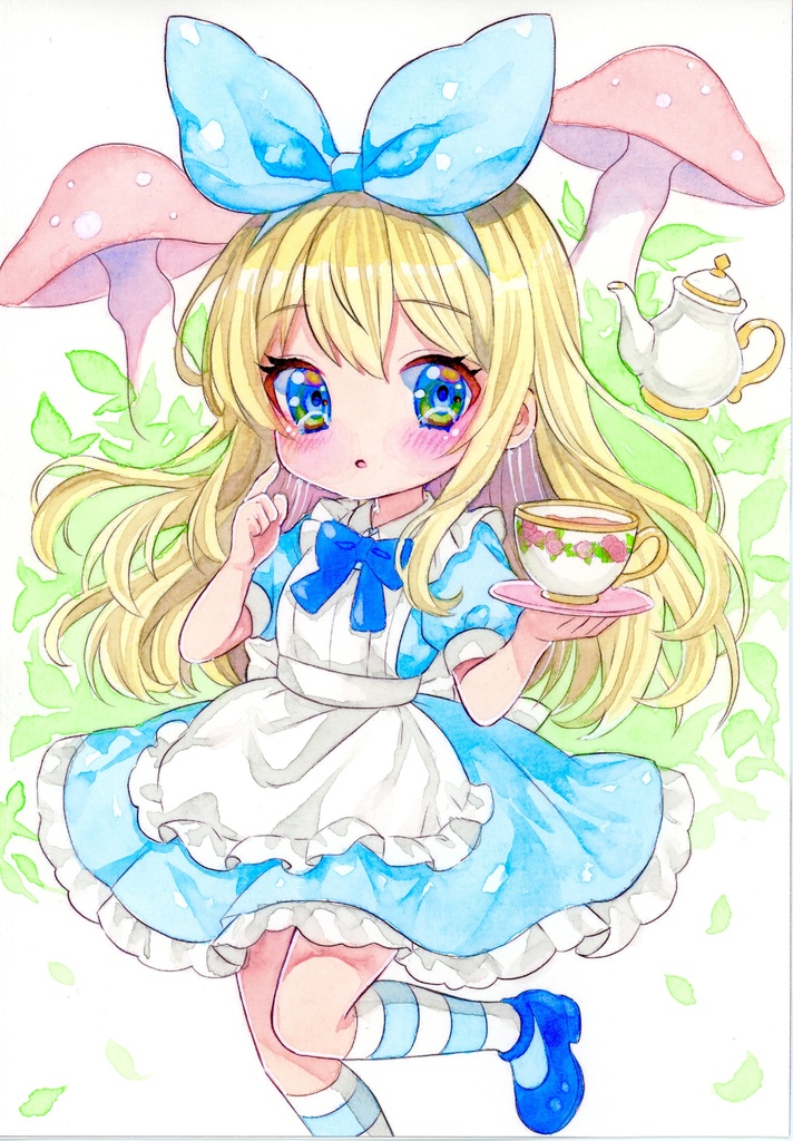 透明水彩イラスト 不思議の国のアリスちゃん 複製ミニ色紙(サイン入り)