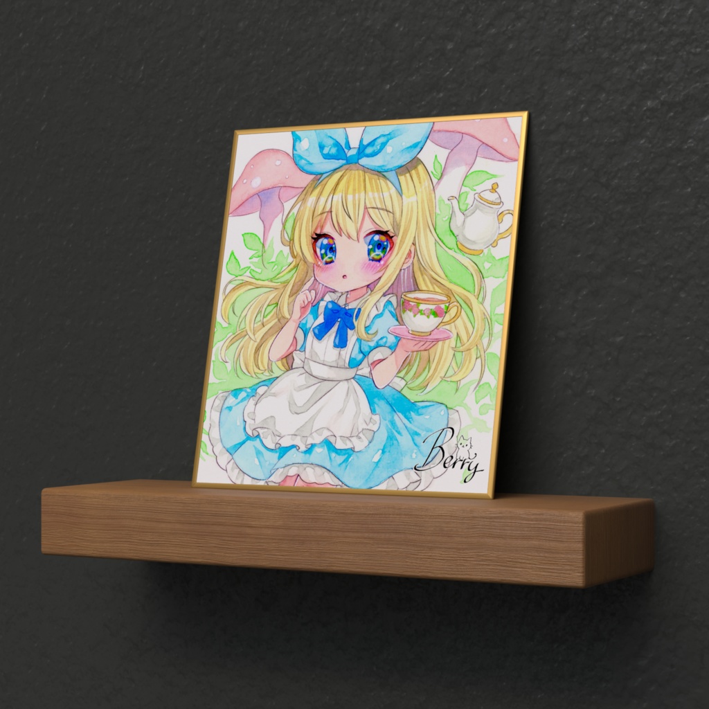 透明水彩イラスト 不思議の国のアリスちゃん 複製ミニ色紙(サイン入り)