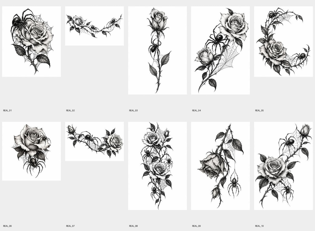 【実タトゥー参考用】薔薇と蜘蛛｜ゴシック・ブラックワーク デザイン10種 PNG