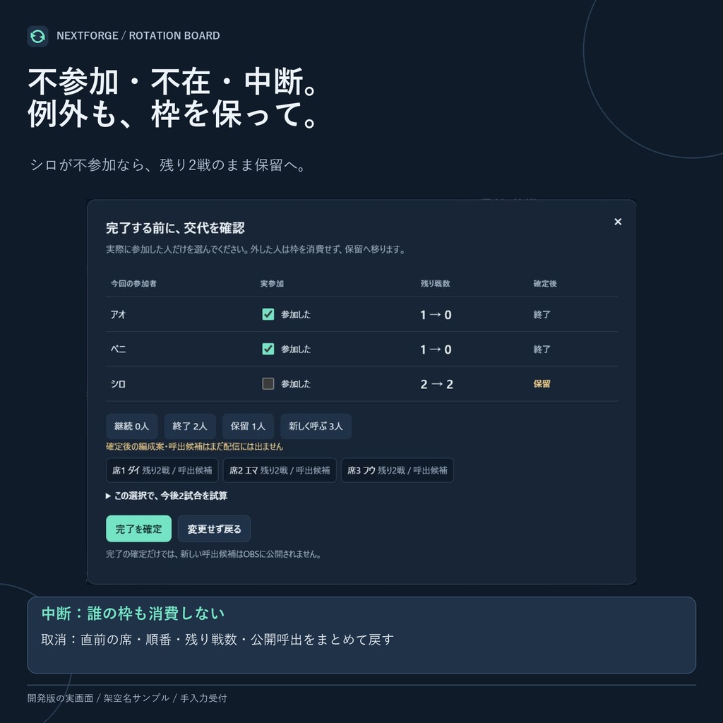 【買い切り・無料体験版あり】NextForge 参加型ローテーションボード|交代を確定前に確認するOBS配信ツール