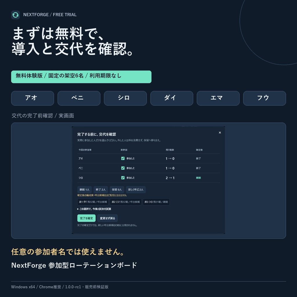 【無料体験版】NextForge 参加型ローテーションボード｜固定の架空6名で交代・OBS導入を確認