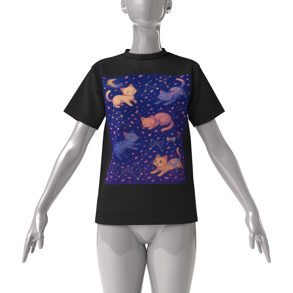 猫と夜空と桜のTシャツ