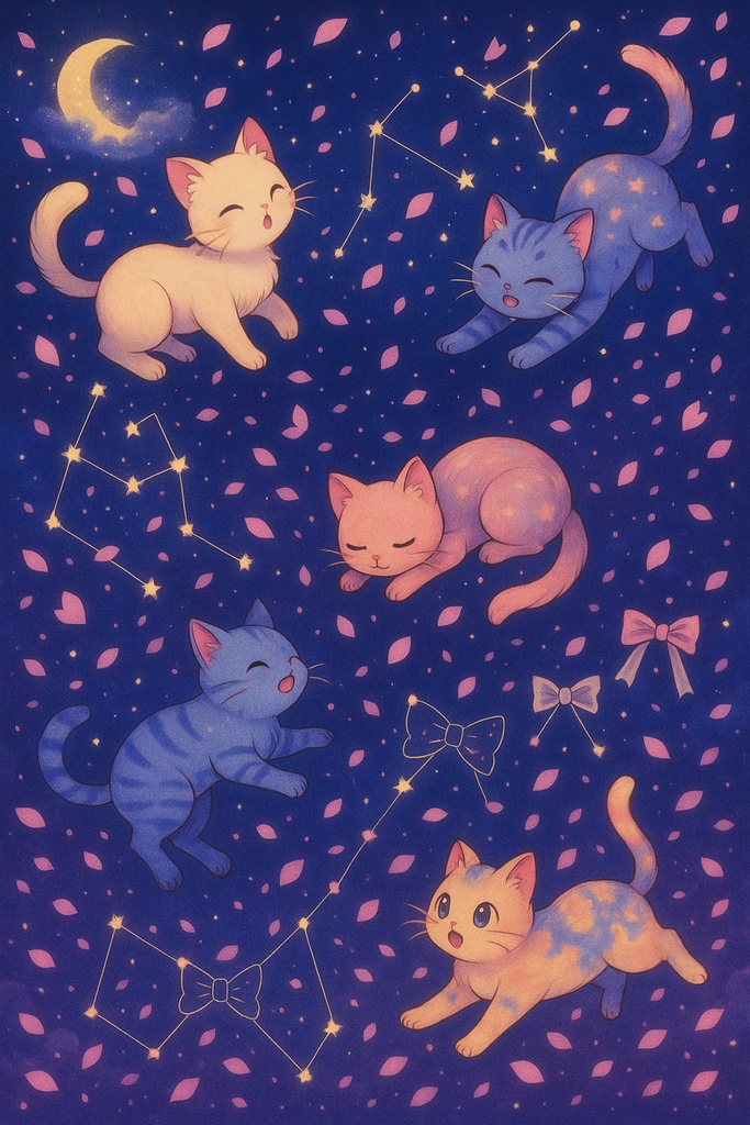 猫と夜空と桜のTシャツ