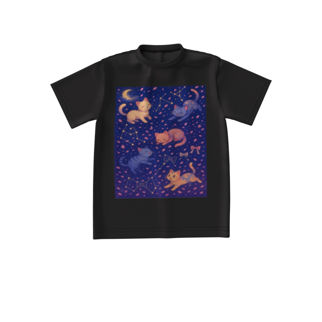 猫と夜空と桜のTシャツ