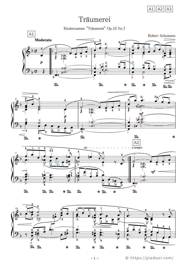 トロイメライ(ドレミ楽譜・全指番号楽譜・テクニック楽譜・表現楽譜・分析楽譜)