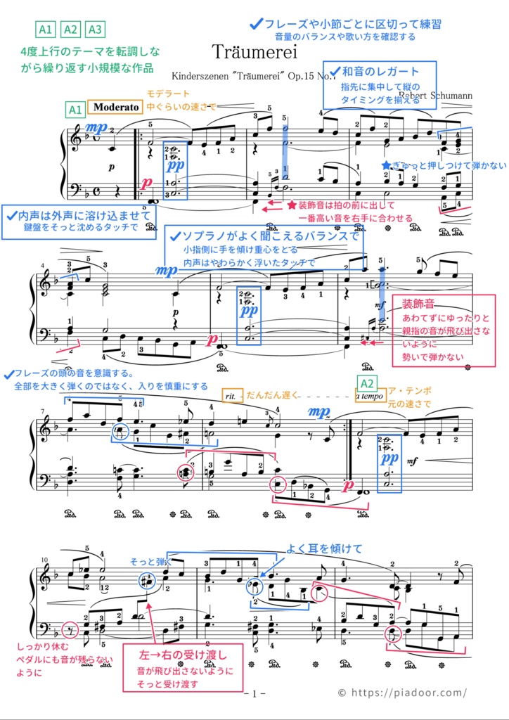 トロイメライ(ドレミ楽譜・全指番号楽譜・テクニック楽譜・表現楽譜・分析楽譜)