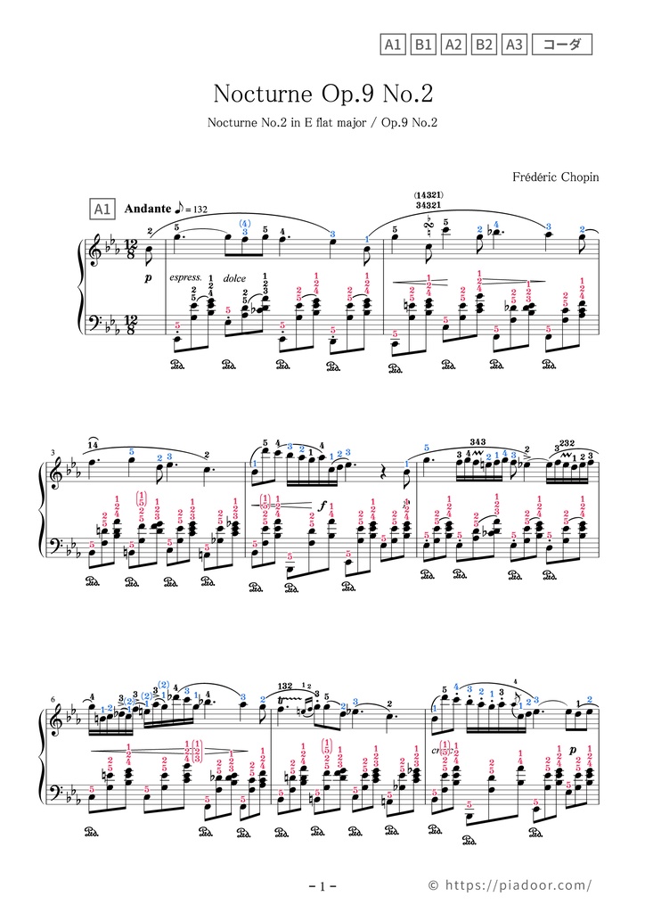 ノクターン Op.9-2(ドレミ楽譜・全指番号楽譜・テクニック楽譜・表現楽譜・分析楽譜)