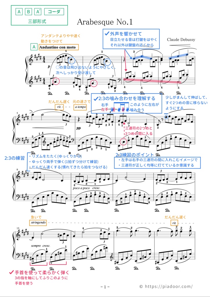 アラベスク 第1番(ドレミ楽譜・全指番号楽譜・テクニック楽譜・表現楽譜・分析楽譜)