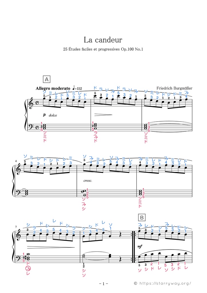 25の練習曲 1 素直な心 ドレミ楽譜 全指番号楽譜 Starryway Booth