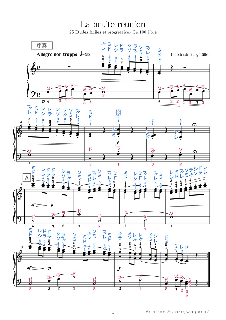 25の練習曲 4 子供の集会 ドレミ楽譜 全指番号楽譜 Starryway Booth