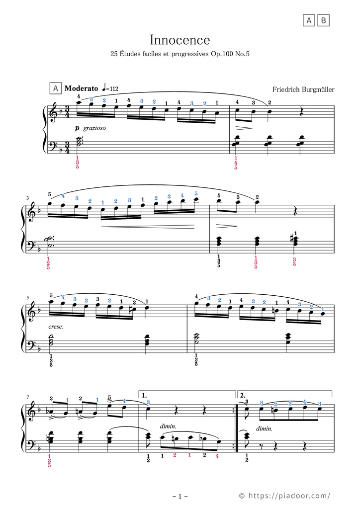 25の練習曲 5.無邪気(ドレミ楽譜・全指番号楽譜)