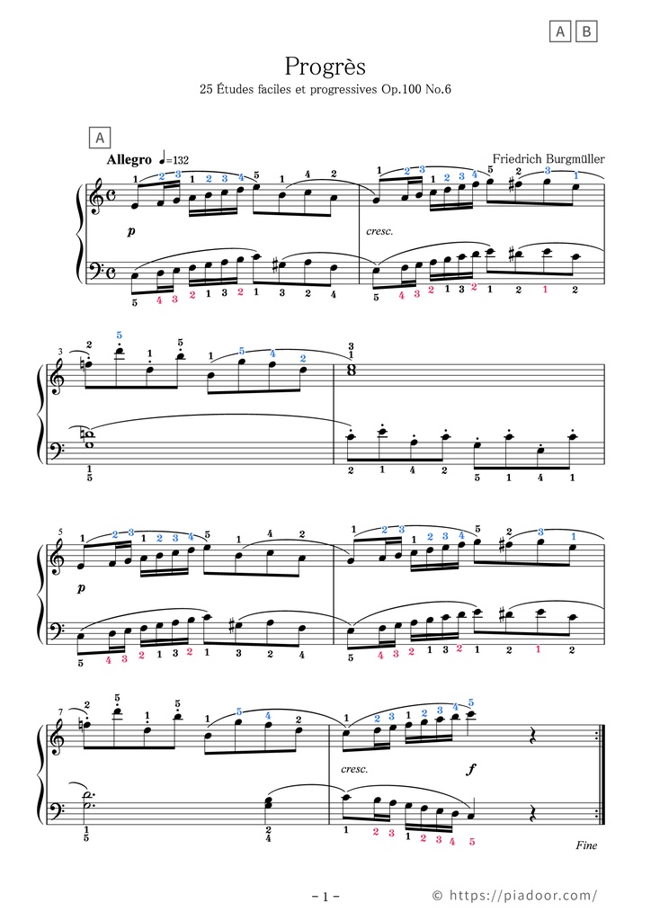 25の練習曲 6.進歩（ドレミ楽譜・全指番号楽譜）