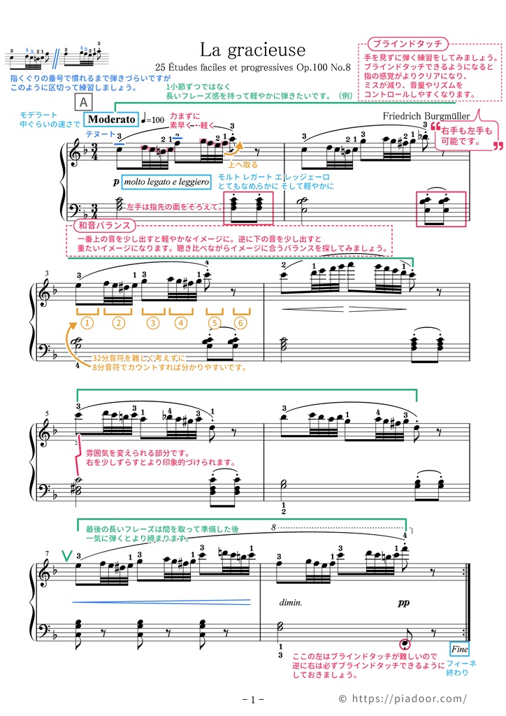 25の練習曲 8.優美（一言アドバイス楽譜・ドレミ楽譜・全指番号楽譜）