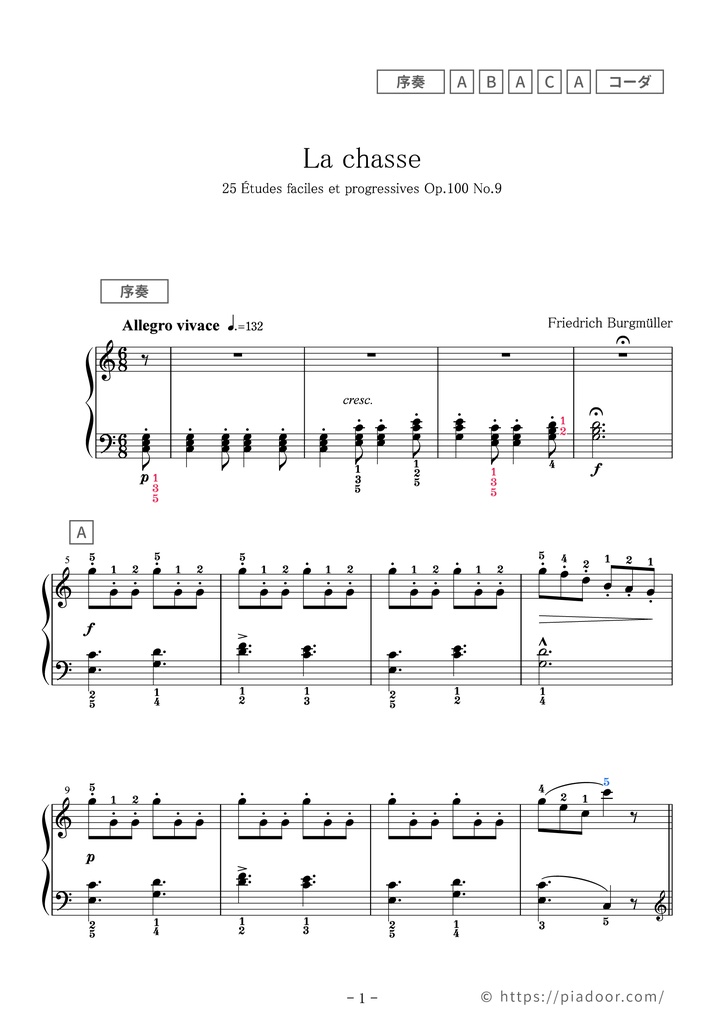 25の練習曲 9.狩り(ドレミ楽譜・全指番号楽譜)