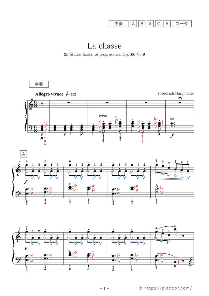 25の練習曲 9 狩り ドレミ楽譜 全指番号楽譜 Piadoor Booth