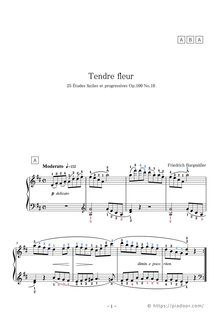 25の練習曲 10.やさしい花(ドレミ楽譜・全指番号楽譜)