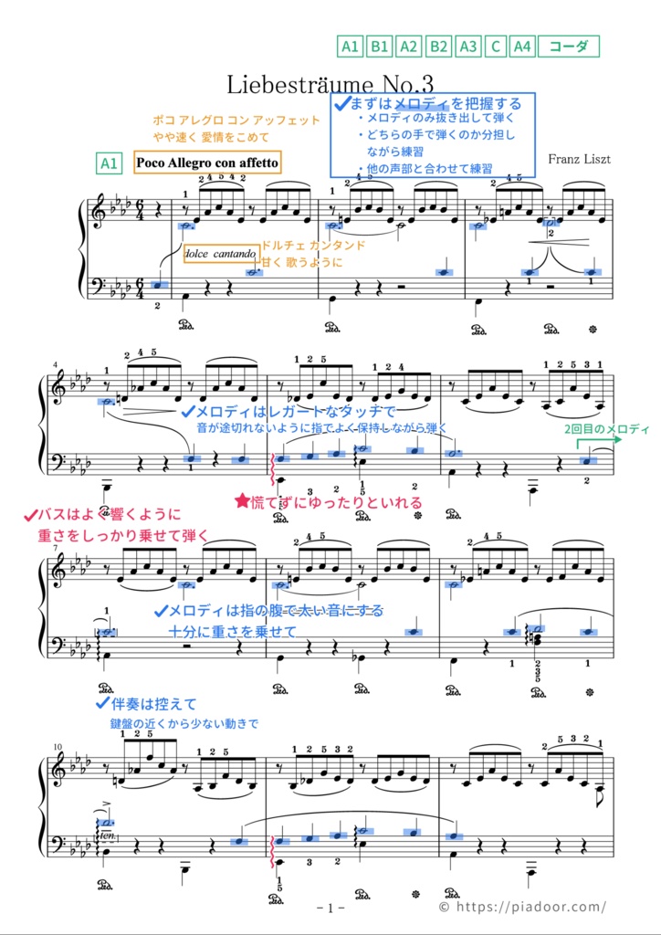 愛の夢 第3番(ドレミ楽譜・全指番号楽譜・テクニック楽譜・表現楽譜・分析楽譜)