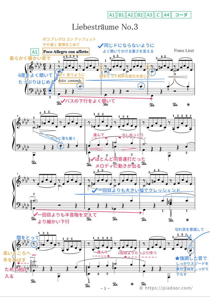 愛の夢 第3番(ドレミ楽譜・全指番号楽譜・テクニック楽譜・表現楽譜・分析楽譜)