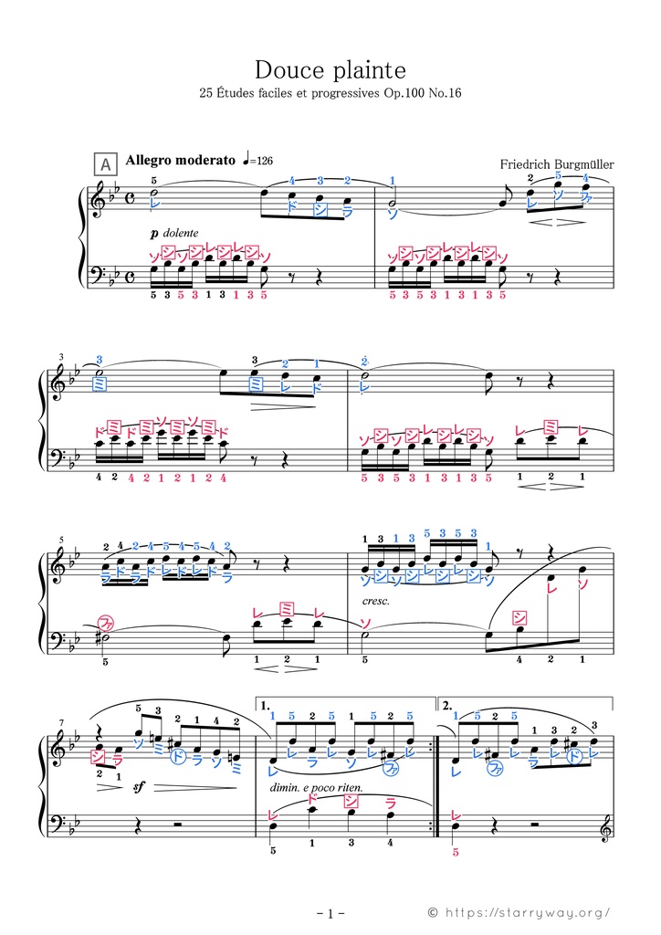 25の練習曲 16 小さな嘆き ドレミ楽譜 全指番号楽譜 Starryway Booth