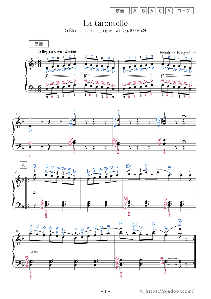 25の練習曲 20.タランテラ（ドレミ楽譜・全指番号楽譜）