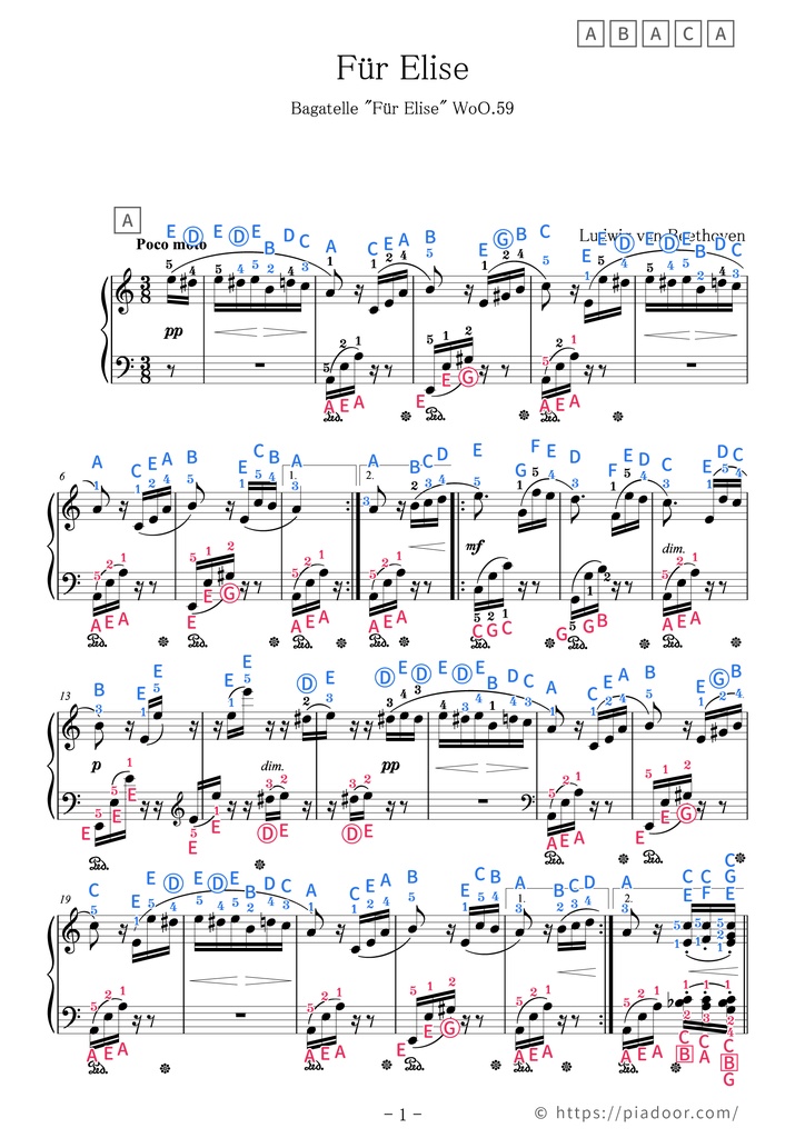 Für Elise Sheet Music For Piano (With Letters / With Finger Numbers)