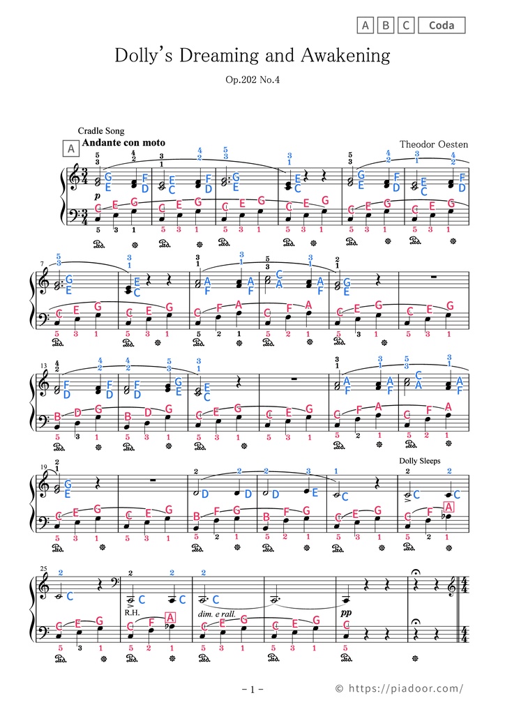 Dolly's Dreaming and Awakening Sheet Music For Piano (With Letters / With Finger Numbers)