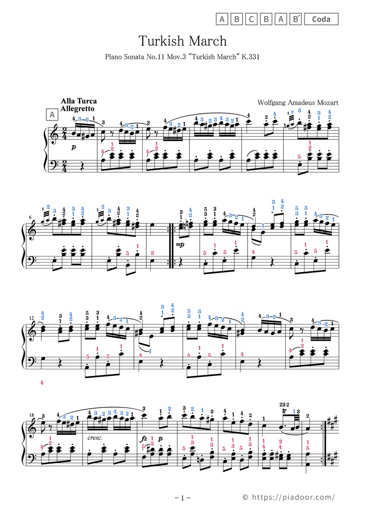 Turkish March Sheet Music For Piano (With Letters / With Finger Numbers)