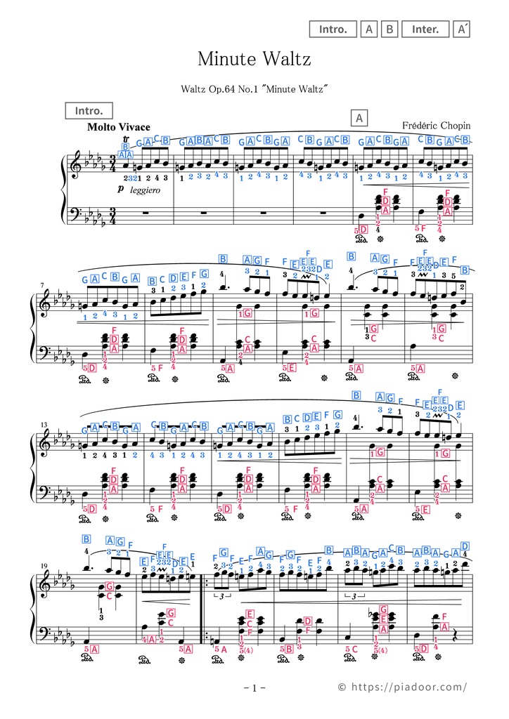 Minute Waltz Sheet Music For Piano (With Letters / With Finger Numbers)