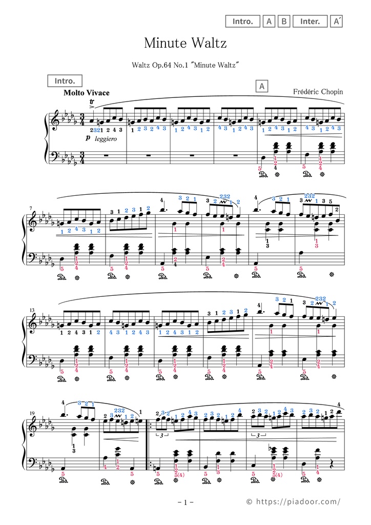 Minute Waltz Sheet Music For Piano (With Letters / With Finger Numbers)