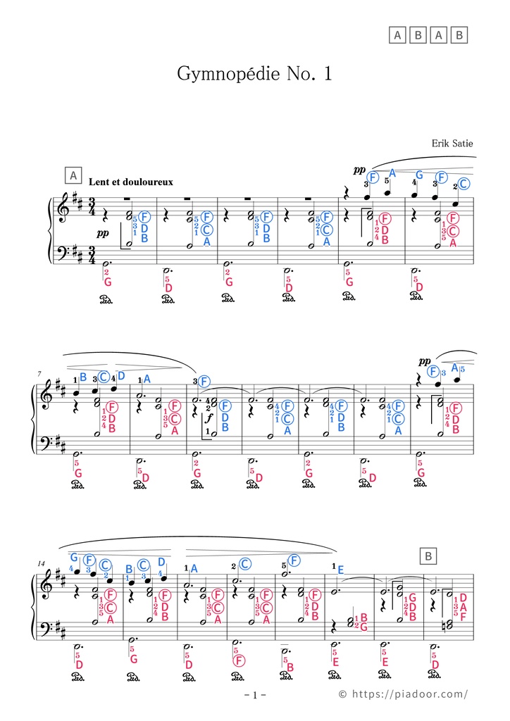 Gymnopédie No. 1 Sheet Music For Piano (With Letters / With Finger Numbers)