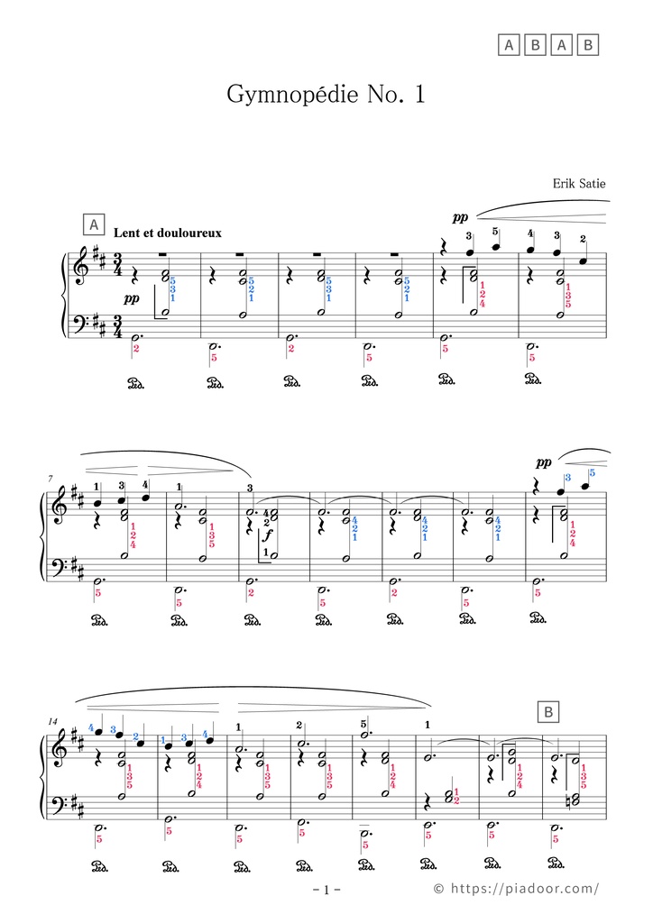 Gymnopédie No. 1 Sheet Music For Piano (With Letters / With Finger Numbers)